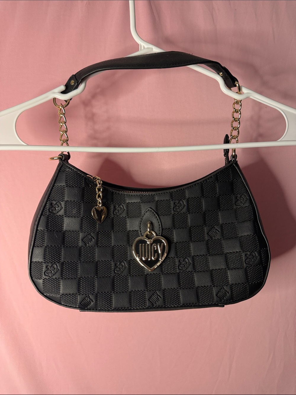 Juicy Couture Black Quilted Checker Shoulder Bag with Heart Charm